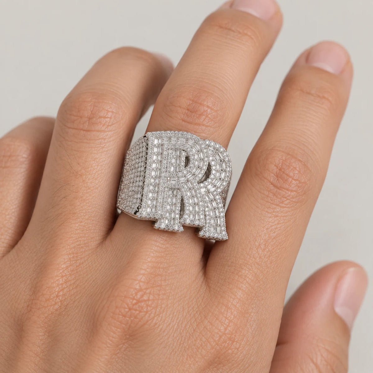 R Ring, silver tone